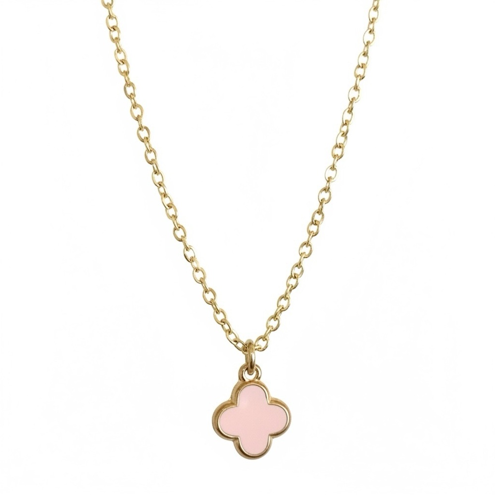 Hand Crafted Pink Enamel and Gold Clover Necklace